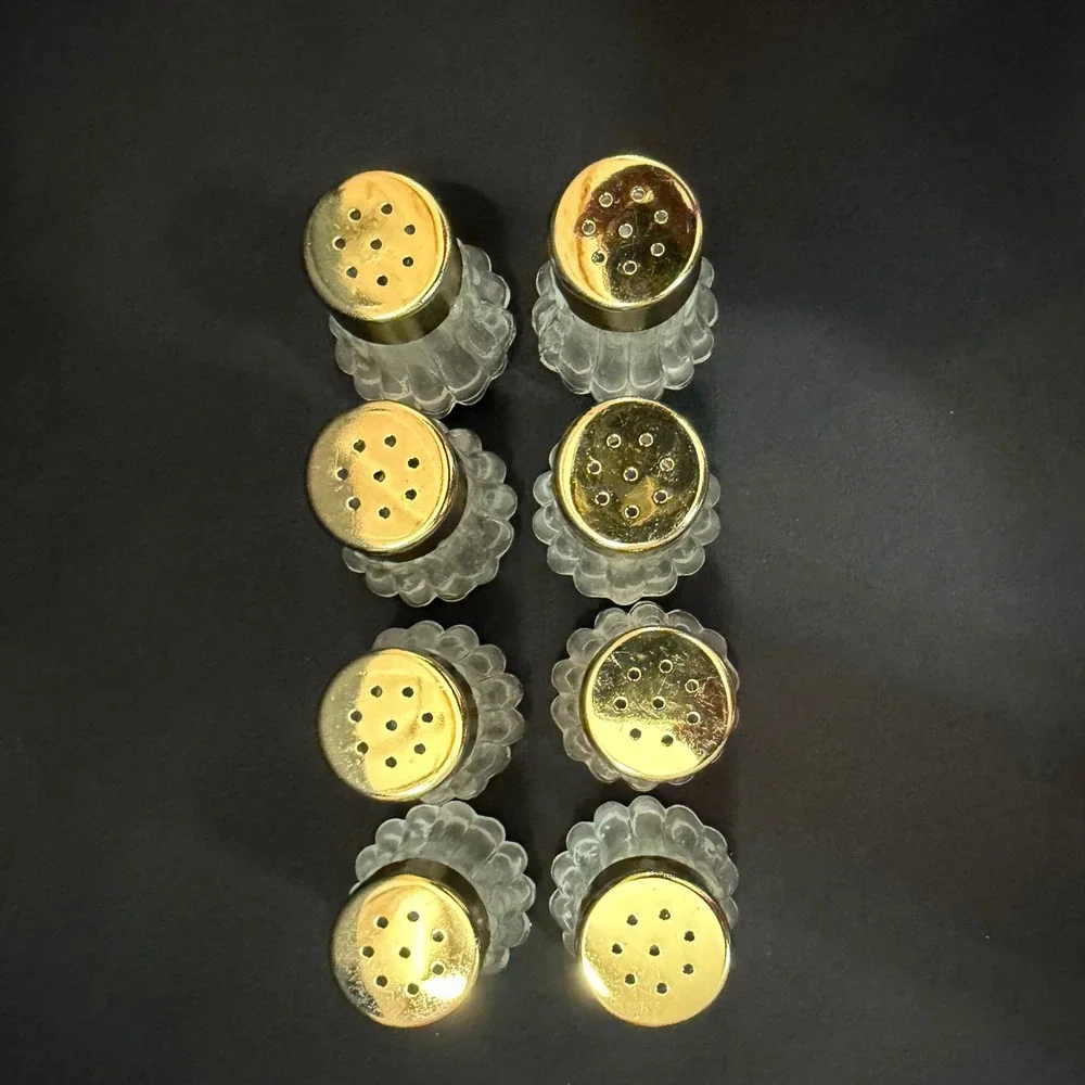 Vintage Mini Glass Salt and Pepper Shakers Set of 8 Gold Lids Fluted Clear Glass